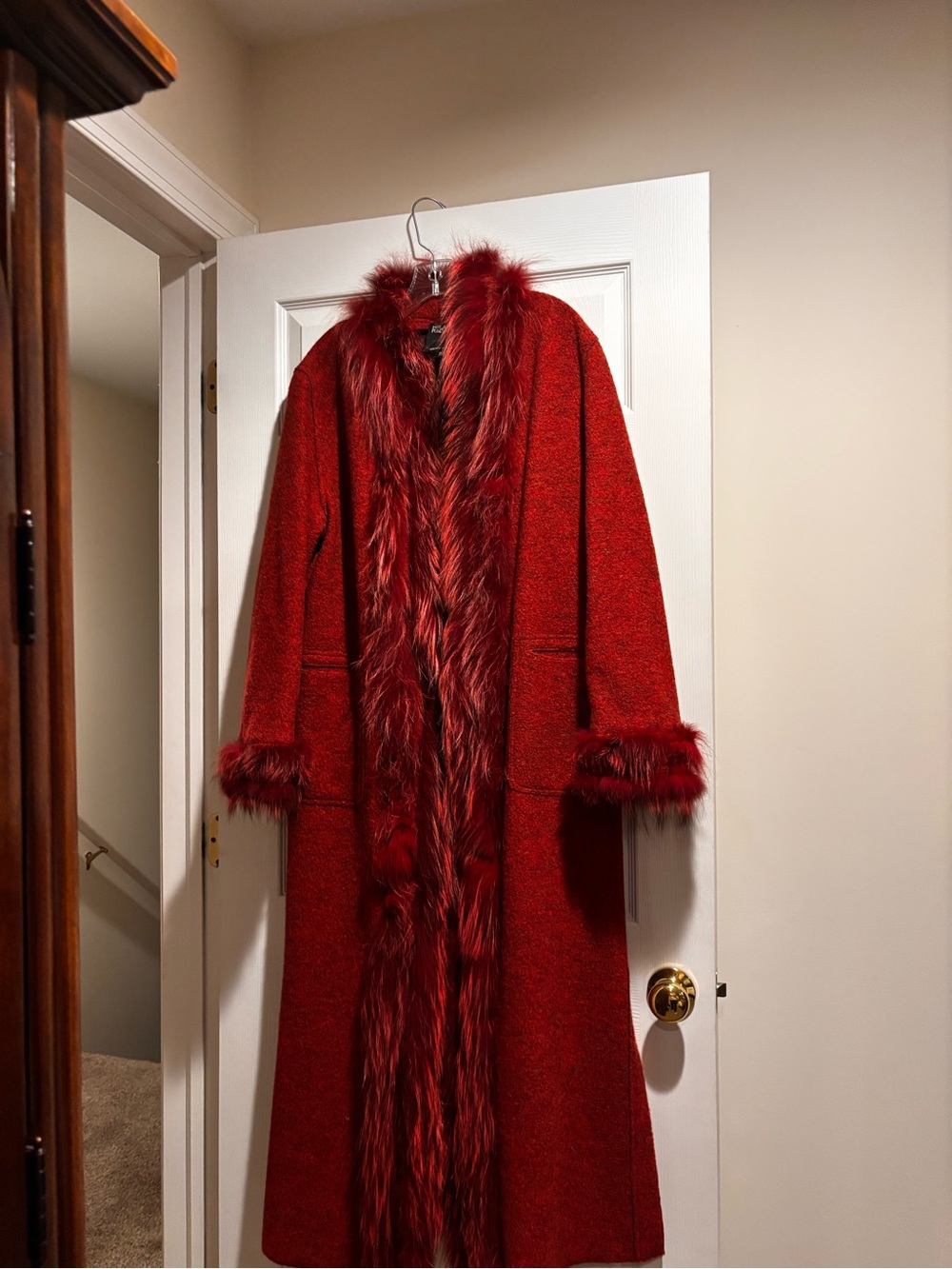Elegant Red Fur-Trim Maxi Coat